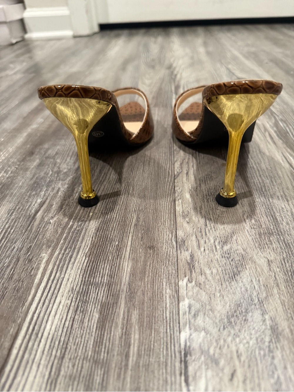 Avon Brown Croc-Embossed Open-Toe Stiletto Heels with Gold Heel - Picture 5 of 5